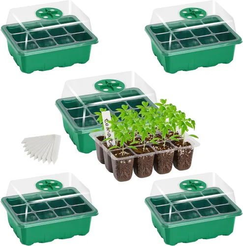 Vista 13 de Bonviee Paquete de 5 bandejas de inicio de semillas, kit de iniciación de plantas con cúpula de humedad ajustable y base de invernadero para Negro