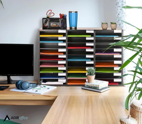 Vista 2 de AdirOffice Buzón para el aula, organizador de literatura de madera, organizador de almacenamiento de papel de construcción, clasificador de correo