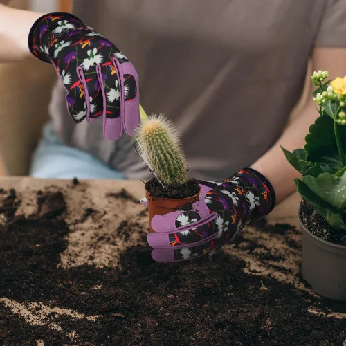 Vista 6 de Bamllum Guantes de cuero para jardinería para mujer, guantes de trabajo para deshierbe, excavación, plantación, rastrillo y poda