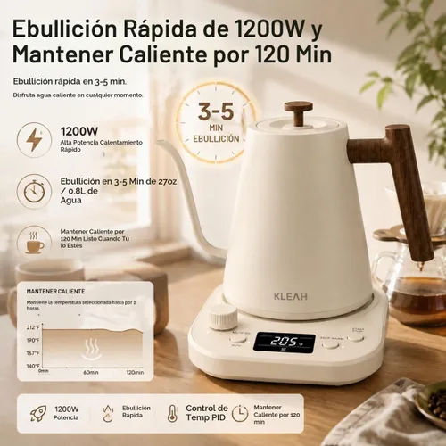 Vista 4 de KLEAH Hervidor eléctrico de cuello de cisne con control de temperatura – Hervidor de té y café de apagado automático de 0.8L, caldera de agua Blanco