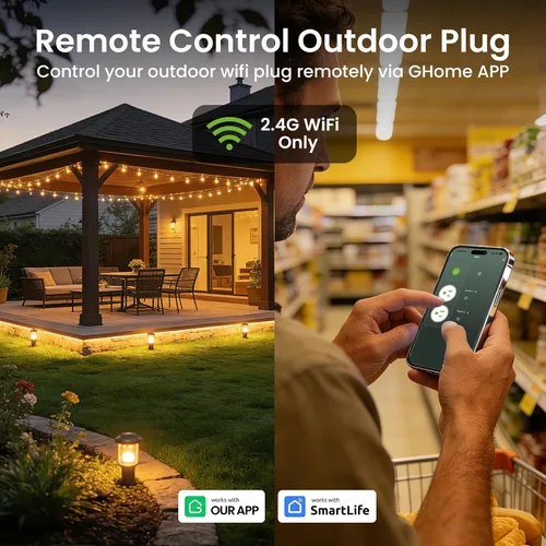 Vista 5 de GHome Smart - Enchufe inteligente para exteriores, enchufe Wi-Fi inteligente para el hogar con 2 tomas, resistencia a la intemperie IP64, compatible