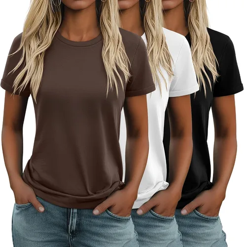 Vista 38 de Huukeay Paquete de 3 camisetas de algodón para mujer, estilo casual, de manga corta, cuello redondo, ajuste holgado, básica, lisa