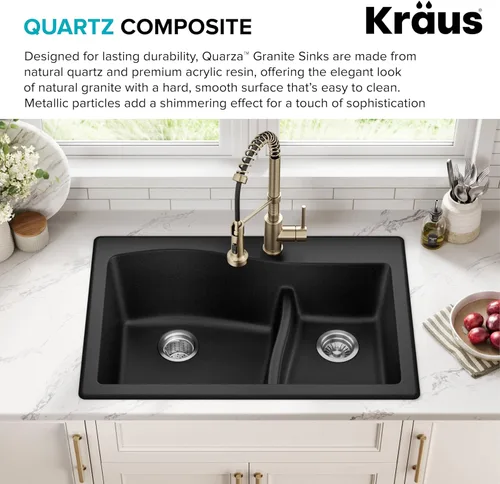 Vista 5 de Kraus Quarza - Fregadero de cocina de doble seno 60/40 de granito de instalación empotrada/sobre encimera, 33 pulgadas, color negro, KGD-442BLACK