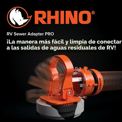Vista 2 de Camco Rhino Adaptador de alcantarillado RV PRO - Codo de manguera de alcantarillado transparente con adaptador de bloqueo de drenaje - Incluye mango