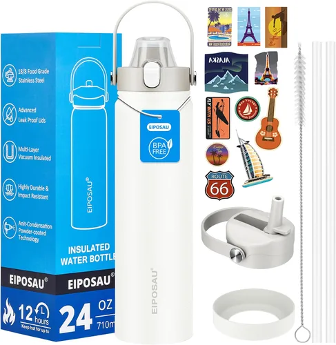Vista 40 de Botella de agua aislada con tapa, bota y calcomanías, botella de acero inoxidable de 24 onzas, sin sudor, mantiene el frío las 24 horas, botella