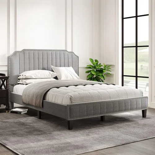 Vista 3 de Base de cama tapizada Queen con cabecero, base de colchón con soporte de listones de madera, cama de plataforma moderna, no necesita somier, fácil
