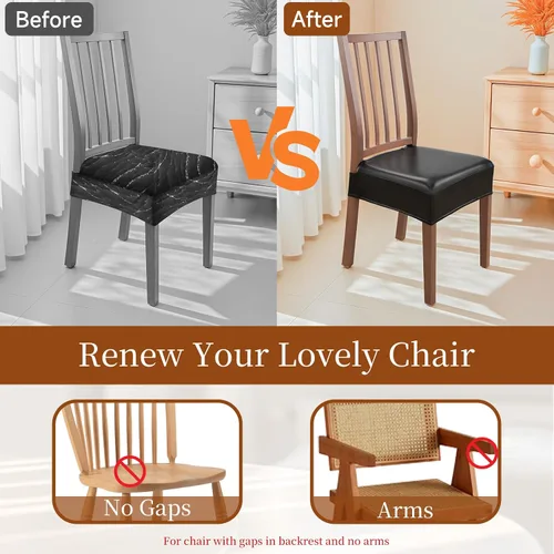 Vista 7 de Juego de 4 fundas de asiento impermeables para sillas de comedor, fundas de asiento de cocina de cuero, resistentes a las manchas, fundas elásticas