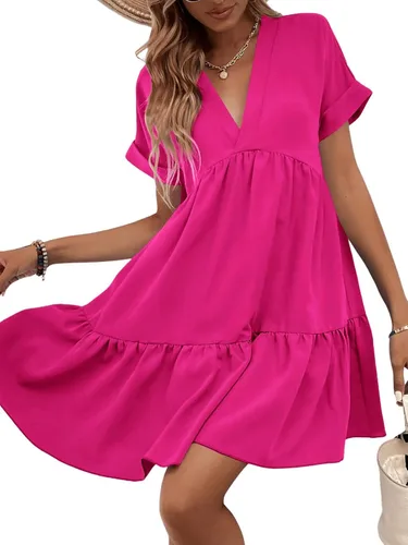 Vista 4 de WDIRARA Vestido de manga corta enrollable con cuello en V y dobladillo con volantes para mujer