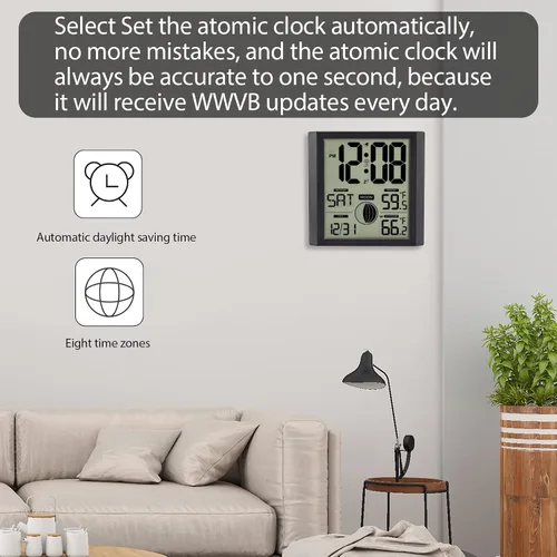 Vista 9 de Reloj de pared atómico con pantalla de números grandes para interiores y exteriores Wall Clock Battery Operated, Alarm