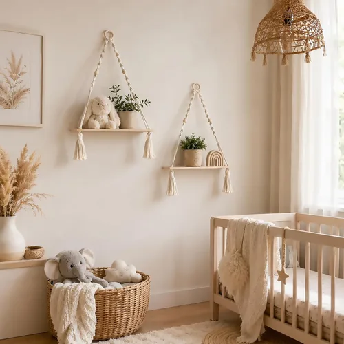 Vista 6 de Artilady Paquete de 2 estantes de madera para colgar en la pared, estantes flotantes bohemios, estante de plantas de macramé blanco, estante
