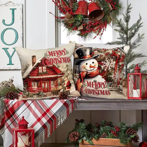 Vista 5 de Lanpn Juego de 4 fundas de almohada de Navidad de 16 x 16 pulgadas, cojín de decoración de Navidad, almohadas rojas de Navidad, funda de almohada