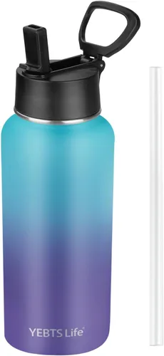 Vista 24 de Botella de agua aislada con popote, botella de agua deportiva de acero inoxidable aislada al vacío de 32 onzas, mantiene el frío y el calor, botella