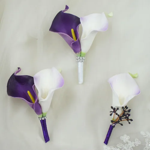 Vista 4 de Lily Garden® Real Touch - Ramo de boda de flores moradas y blancas (juego de 5)