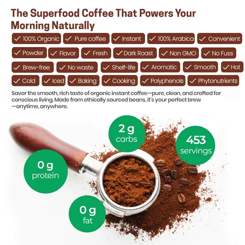 Vista 5 de Z Natural Foods Café instantáneo orgánico en polvo, rico sabor tostado oscuro, polvo de espresso instantáneo arábica con antioxidantes para aumentar