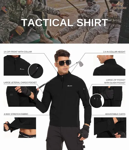 Vista 5 de NATUVENIX Camisa de combate tácticas para hombre, con cremallera de 14, ligeras, militares, de secado rápido, Airsoft Army BDU