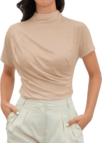 Vista 14 de OYOANGLE Camiseta de manga corta con cuello alto falso y fruncido para mujer
