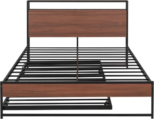 Vista 8 de Harper & Bright Designs Cama de plataforma matrimonial con nido y puertos USB, marco de cama matrimonial de metal con cabecera de almacenamiento