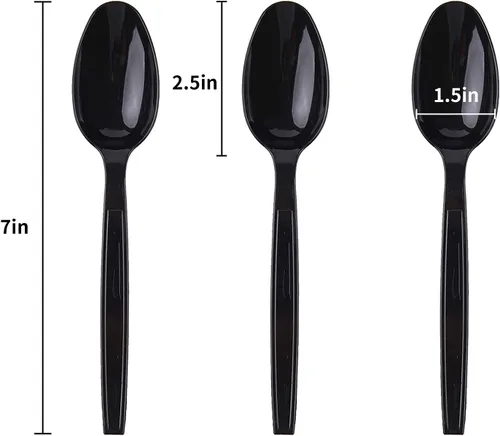 Vista 2 de cucharas de plástico desechables envasadas individualmente negras de 7 pulgadas para llevar comerciales, súper duras de masa pesada envasadas
