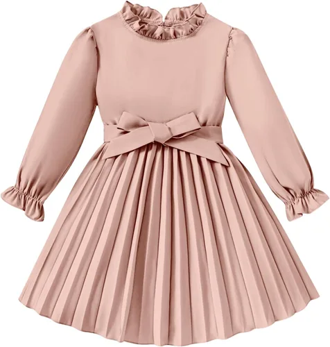 Vista 6 de Kimoda Vestidos de otoño para niñas pequeñas, 2-6T, vestidos para niña pequeña, cuello con volantes, plisado, vestido casual para niñas