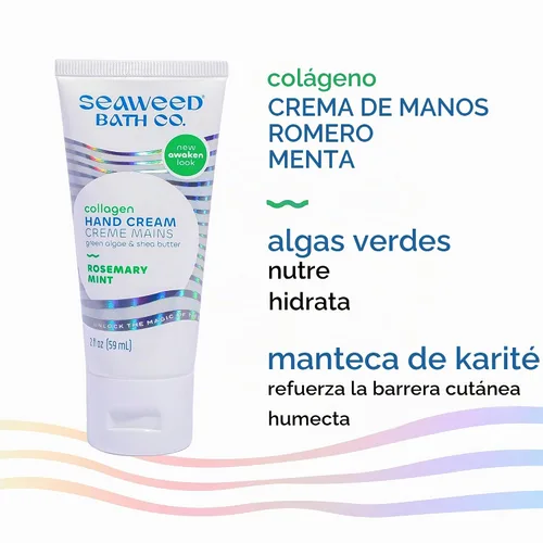 Vista 5 de Seaweed Bath Co. Crema de manos con colágeno, aroma a romero y menta, 2 onzas, algas cosechadas de forma sostenible, algas verdes, manteca de karité