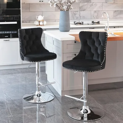 Vista 107 de Aoowow Juego de 2 taburetes de bar giratorios, taburetes de bar ajustables con respaldo de terciopelo copetudo, sillas de bar modernas tapizadas