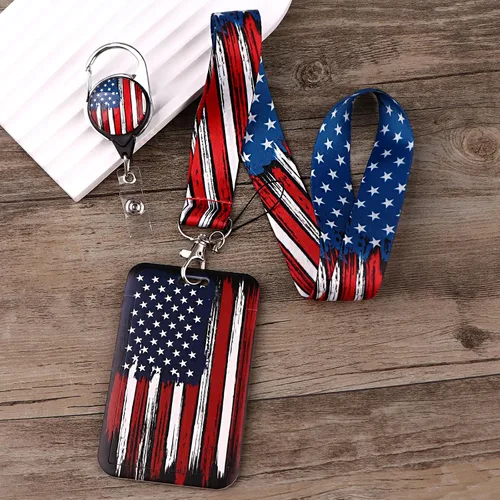 Vista 2 de Cordón con Llavero para Hombre con Insignias de Identificación con Clip de Carrete Retráctil Soporte para Insignias Llavero con Bandera Americana