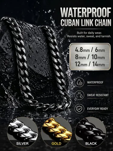 Vista 2 de ChainsPro Stainless Steel Mens Cuban Link Chains, Hip Hop Miami Necklace Negro