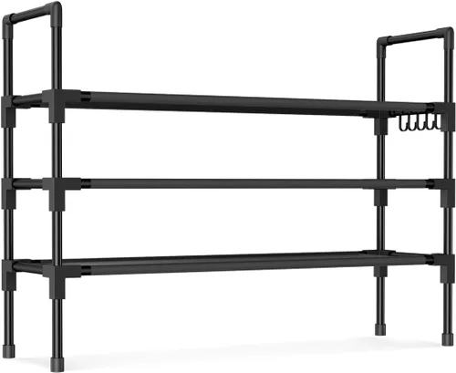 Vista 8 de Estante para zapatos de 3 niveles, organizador de almacenamiento para 16-20 pares de botas y zapatillas, estante vertical apilable con ganchos
