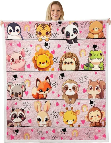 Vista 17 de Manta de franela de animales de dibujos animados para todas las estaciones, manta de cama azul con estampado de amor Kawaii para decoración