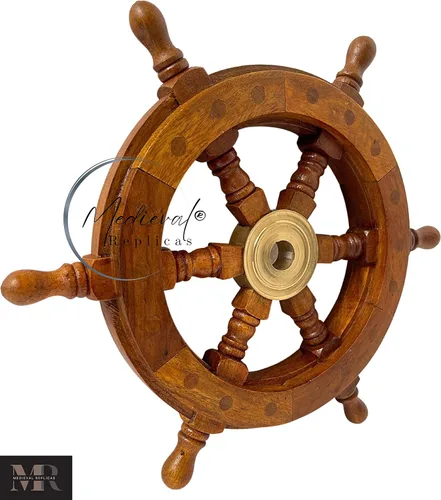 Vista 2 de Medieval Replicas Rueda de latón Rueda de barco de madera náutica 12 pulgadas, 12 pulgadas