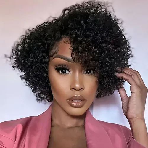 Vista 7 de QUEEN VIRGIN REMY QVR - Pelucas de cabello humano corto y rizado con corte Pixie de 13 x 5 x 1 pulgadas, pelucas de encaje frontal con cabello