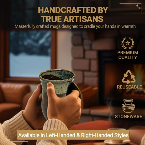 Vista 4 de Taza Calentadora de Manos Clay in Motion – Taza de Café Hecha a Mano con Asa Cómoda y Bolsillo de Cerámica para Calentamiento de Manos – Moca
