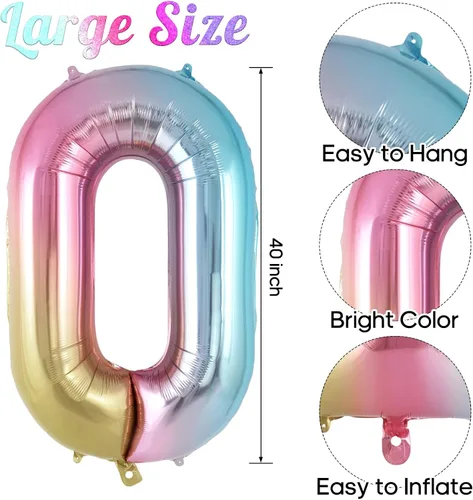 Vista 3 de Globo de número 0 con degradado de arcoíris, globos grandes de aluminio de 40 pulgadas, globos gigantes de Mylar número 0 para decoraciones
