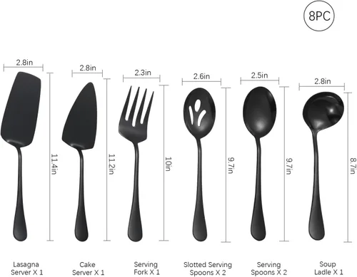 Vista 2 de Utensilios negros para servir, juego de 8 utensilios de acero inoxidable para servir, incluye cucharas de servir, tenedor de servir, cucharón