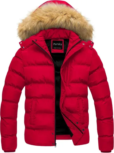 Vista 9 de Pursky Chaqueta de plumón impermeable para hombre, abrigos de invierno con capucha de piel para esquiar, parka con capucha de piel Verde militar