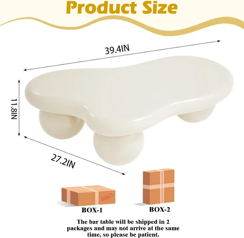 Vista 2 de Mesa de centro en forma de nube de 40 pulgadas, modernas mesas de centro ovaladas irregulares con 3 bases, mesa central color crema para dormitorio