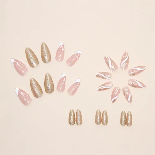 Vista 2 de Uñas postizas acrílicas artificiales de almendra media con diseño de estrellas onduladas blancas, cobertura completa, reutilizables, estilo ataúd