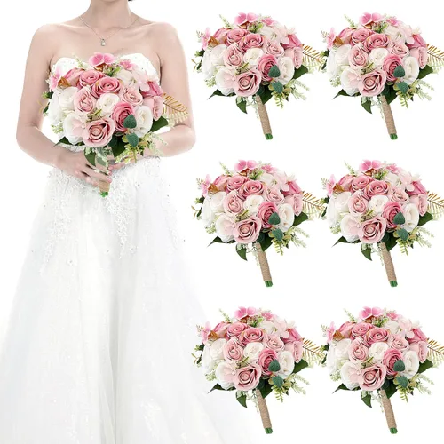 Vista 21 de Ramos para dama de honor para boda - Ramo de flores artificiales de 7 pulgadas para fiesta, ceremonia, aniversario, centros de mesa para mesa de Azul