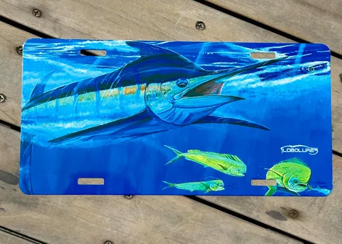 Vista 2 de Lobo Lures Blue Marlin Chasing Lure Mahi Mahi Big Game Sport Fishing Vanity Placa de matrícula frontal Fabricado en los Estados Unidos