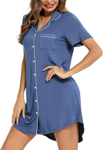 Vista 164 de Samring Camisón de pijama para mujer, manga corta/larga, con botones, camisón para dormir, camisón para novio, talla XXL