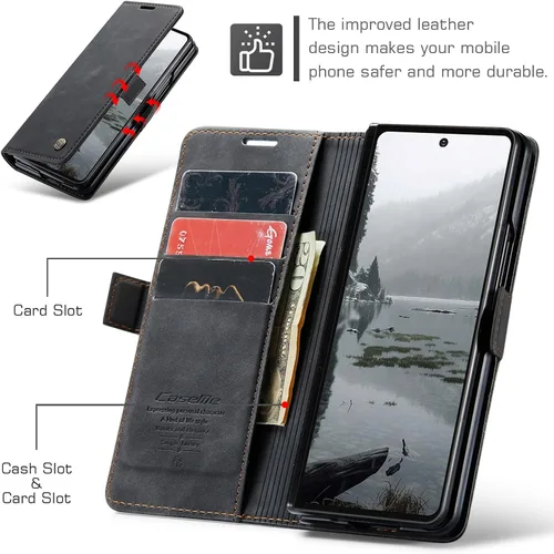 Vista 2 de Funda tipo cartera para Samsung Galaxy Z Fold 7 de piel con tarjetero y función atril, cierre magnético, bloqueo RFID, TPU a prueba de golpes, Negro