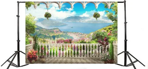 Vista 4 de AOFOTO Telón de fondo para terraza de jardín de 5 x 3 pies, hermoso paisaje de fotografía, fondo de fotografía para niños, niñas, retrato artístico