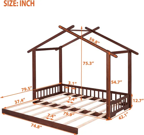 Vista 2 de Marco de cama de madera de tamaño individual con cama extragrande extensible, plataforma de suelo con techo y barandilla en forma de valla,