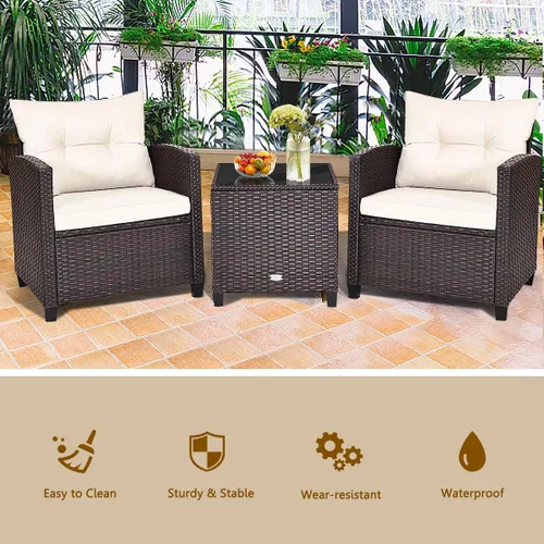 Vista 6 de Moderno juego de muebles de mimbre beige de 3 piezas para patio con cojines resistentes al agua y mesa de vidrio templado