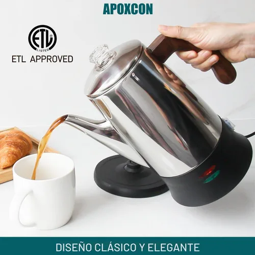 Vista 8 de APOXCON Cafetera eléctrica percoladora de acero inoxidable con dos perillas de progreso de preparación transparente de vidrio resistente y mango