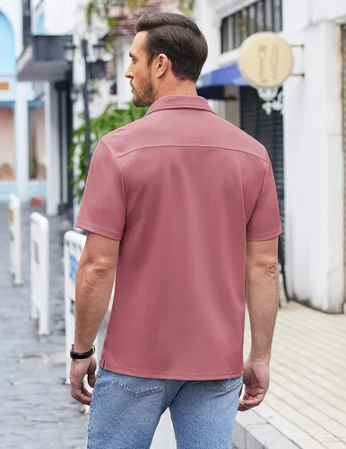 Vista 3 de COOFANDY Camisas casuales con botones para hombre, de manga corta, ajuste regular, sin pliegues, de punto, texturizadas