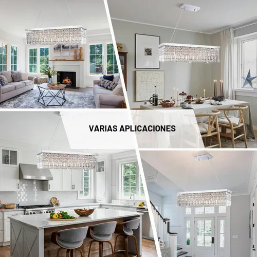 Vista 3 de Candelabro moderno de vidrio de gotas para iluminación de techo de Ella Fashion®, hermosa lámpara de techo con brazos, Rectangle Chandeliers 11