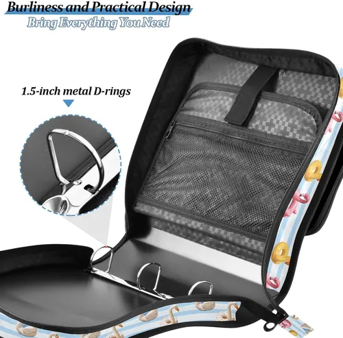 Vista 5 de ALAZA Zipper Binder 3 Ring Flamingo Swan Circlen Bule Stripes Binder Organizer with Zipper and Shoulder Strap Large Capacity Multi-Pocket Trapper