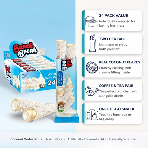 Vista 3 de Snack Break Snacks de oblea enrollada de coco con relleno cremoso de coco, bocadillos de oblea envueltos individualmente, (paquete de 24)