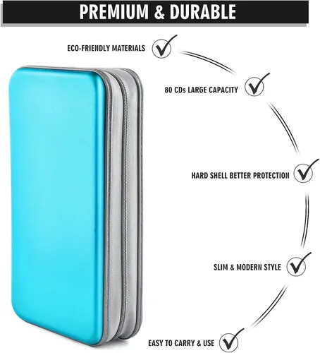 Vista 3 de Funda para CD, 80 de capacidad, DVD, VCD, multimedia, Blu-ray, soporte para cartera, organizador de almacenamiento (azul cielo)